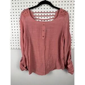 Mine Womens Pink Floral Lace Back Roll Tab Sleeve Henley Blouse Top Large TA6932
